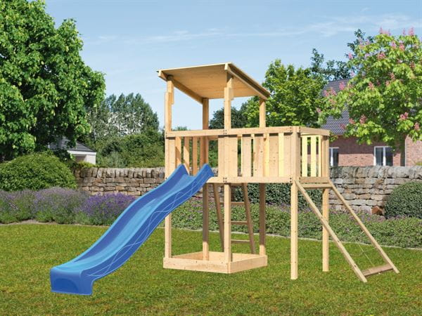 Karibu Spielturm Anna + Rutsche blau + Anbauplattform + Netzrampe Karibu Spielturm Anna + Rutsche blau + Anbauplattform + Netzrampe