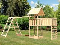 Akubi Spielturm Lotti Satteldach + Doppelschaukelanbau Klettergerüst + Anbauplattform XL + Kletterwa