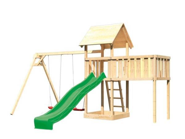 Akubi Spielturm Lotti natur mit Anbauplattform XL, Doppelschaukel und Rutsche grün