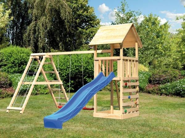Karibu Spielturm Lotti- Doppelschaukel mit Klettergerüst, Kletterwand und Rutsche in blau Karibu Spielturm Lotti- Doppelschaukel mit Klettergerüst, Kletterwand und Rutsche in blau