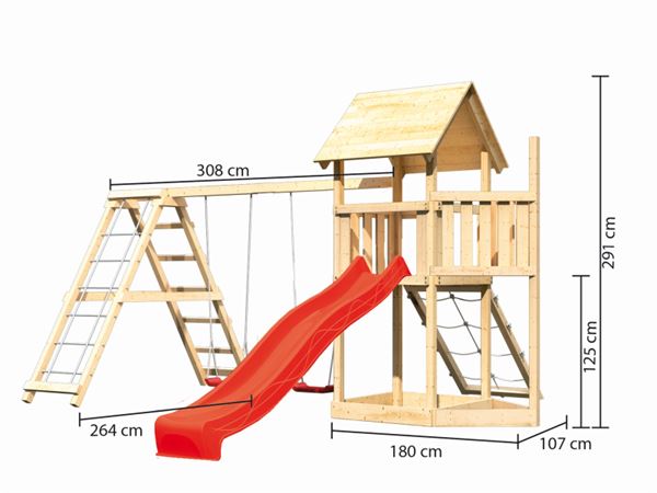 Akubi Spielturm Lotti Satteldach + Schiffsanbau oben + Doppelschaukel mit Klettergerüst + Netzrampe
