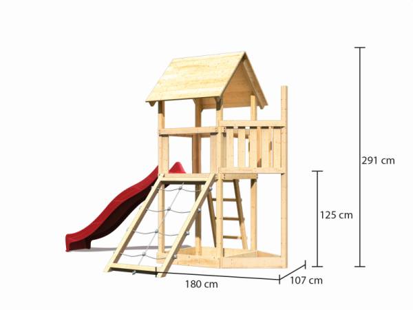 Akubi Spielturm Lotti Satteldach + Schiffsanbau oben + Netzrampe + Rutsche in rot