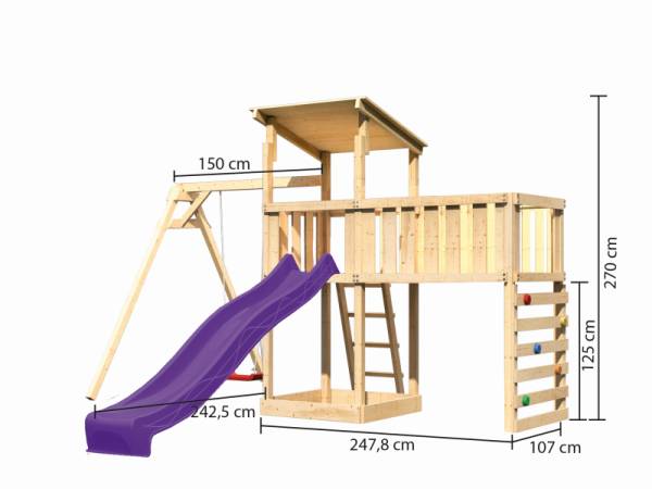 Akubi Spielturm Anna + Rutsche violett + Einzelschaukel + Anbauplattform XL + Kletterwand