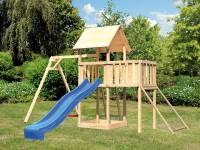 Akubi Spielturm Lotti Satteldach + Rutsche blau + Einzelschaukel + Anbauplattform + Netzrampe