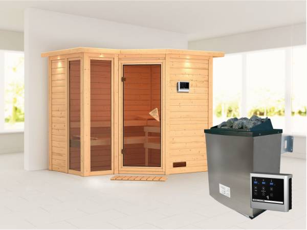 Amara - Karibu Sauna inkl. 9-kW-Ofen - mit Dachkranz -
