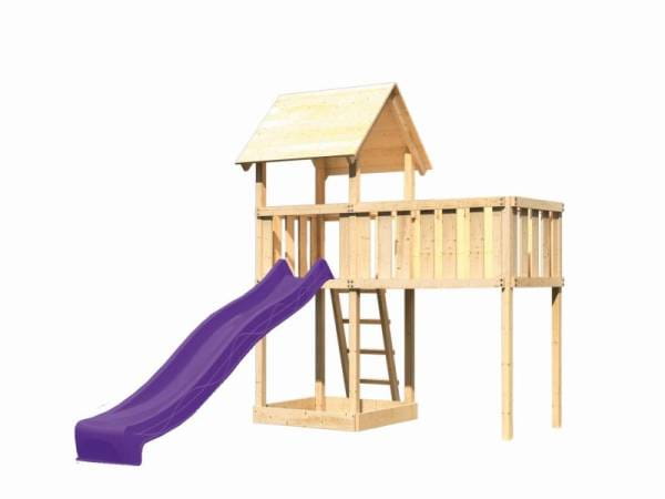 Akubi Spielturm Lotti natur mit Anbauplattform XL und Rutsche violett