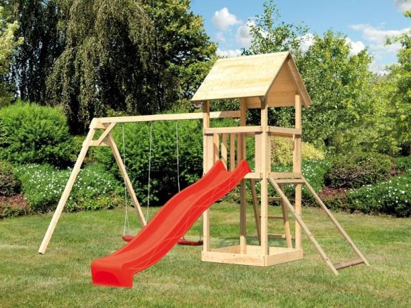 Karibu Spielturm Lotti mit Doppelschaukel, Netzrampe und Rutsche rot Karibu Spielturm Lotti mit Doppelschaukel, Netzrampe und Rutsche rot