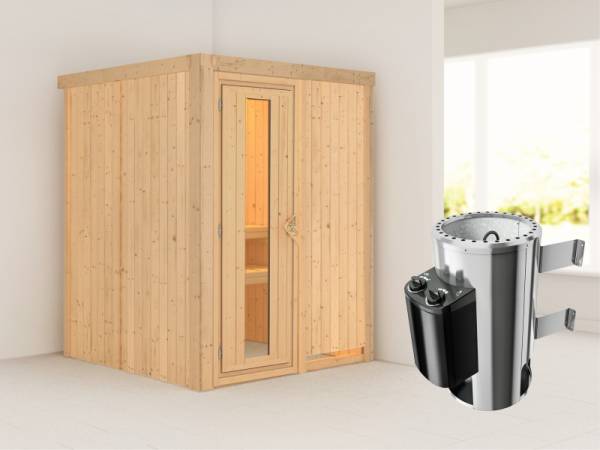 Minja - Karibu Sauna Plug & Play 3,6 kW Ofen, int. Steuerung - ohne Dachkranz - Energiespartür