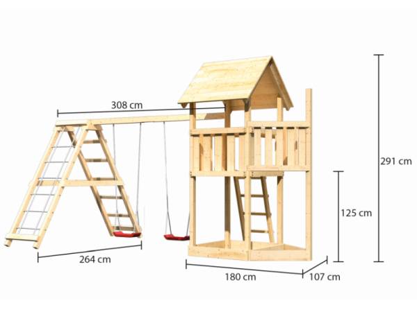 Akubi Spielturm Lotti Satteldach + Schiffsanbau oben + Doppelschaukel mit Klettergerüst