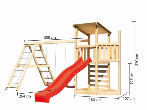 Akubi Spielturm Anna + Rutsche rot + Doppelschaukelanbau Klettergerüst + Kletterwand + Schiffsanbau
