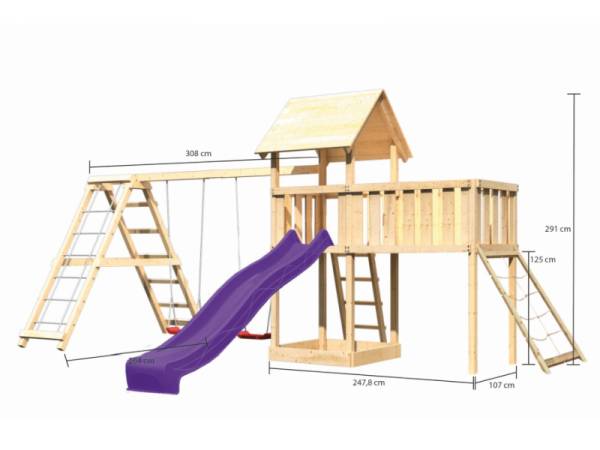 Akubi Spielturm Lotti Satteldach + Rutsche violett + Doppelschaukel Klettergerüst + Anbauplattform X