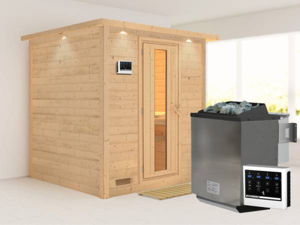 Karibu Sauna Mojave inkl. 9-kW-Bioofen mit externer Steuerung, mit Dachkranz, mit energiesparender Saunatür