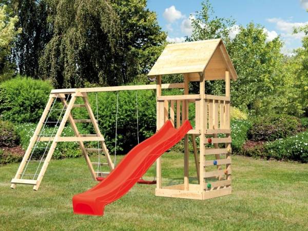 Karibu Spielturm Lotti- Doppelschaukel mit Klettergerüst, Kletterwand und Rutsche in rot Karibu Spielturm Lotti- Doppelschaukel mit Klettergerüst, Kletterwand und Rutsche in rot