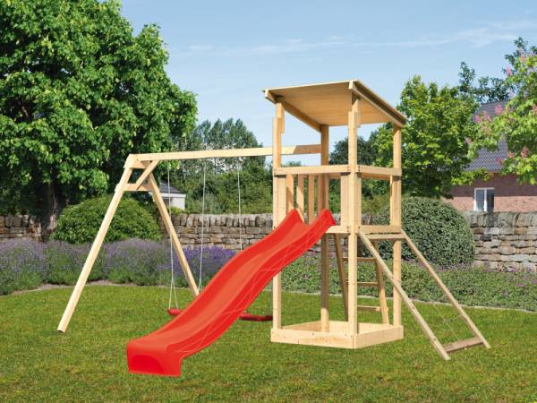 Karibu Spielturm Anna + Rutsche rot + Doppelschaukel + Netzrampe Karibu Spielturm Anna + Rutsche rot + Doppelschaukel + Netzrampe