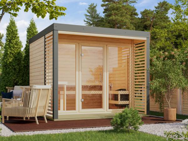 Karibu Hybrid Saunahaus Ares 3, naturbelassen/staubgrau -ohne Ofen- Karibu Hybrid Saunahaus Ares 3, naturbelassen/staubgrau -ohne Ofen-
