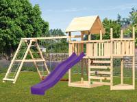 Akubi Spielturm Lotti Satteldach + Schiffsanbau oben + Anbauplattform + Doppelschaukel mit Kletterge