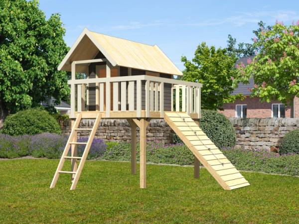 Karibu Stelzenhaus Fidel terragrau + Holzrampe