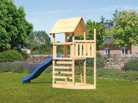 Akubi Spielturm Lotti Satteldach + Schiffsanbau oben + Kletterwand + Rutsche in blau