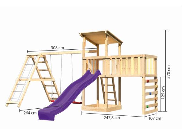 Akubi Spielturm Anna + Rutsche violett + Doppelschaukelanbau Klettergerüst + Anbauplattform XL + Kle