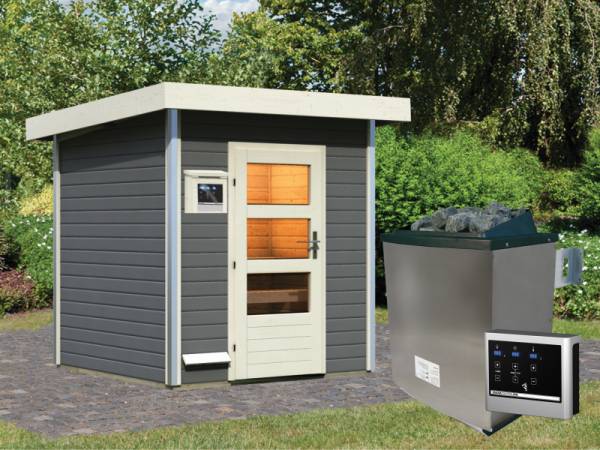 Karibu Saunahaus Torge terragrau- 38 mm 9 kW Ofen ext. Strg- moderne Tür