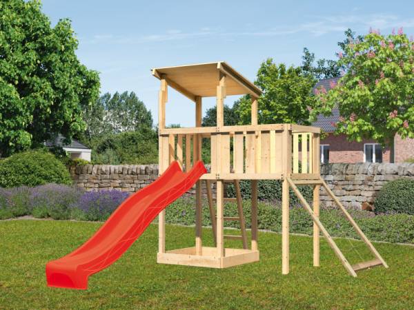 Karibu Spielturm Anna + Rutsche rot + Anbauplattform + Netzrampe Karibu Spielturm Anna + Rutsche rot + Anbauplattform + Netzrampe
