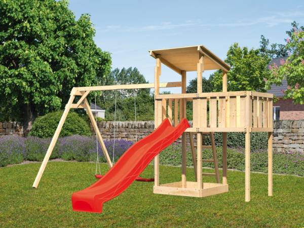 Karibu Spielturm Anna + Rutsche rot + Doppelschaukel + Anbauplattform Karibu Spielturm Anna + Rutsche rot + Doppelschaukel + Anbauplattform