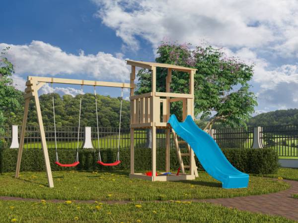 Karibu Spielturm Anna + Rutsche blau + Doppelschaukel Karibu Spielturm Anna + Rutsche blau + Doppelschaukel