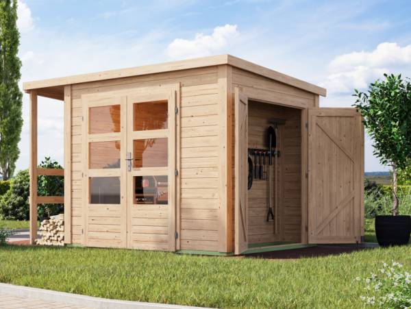 Karibu Multifunktionshaus Pultdach mit Schrank und Anbaudach 28 mm Karibu Multifunktionshaus Pultdach mit Schrank und Anbaudach 28 mm