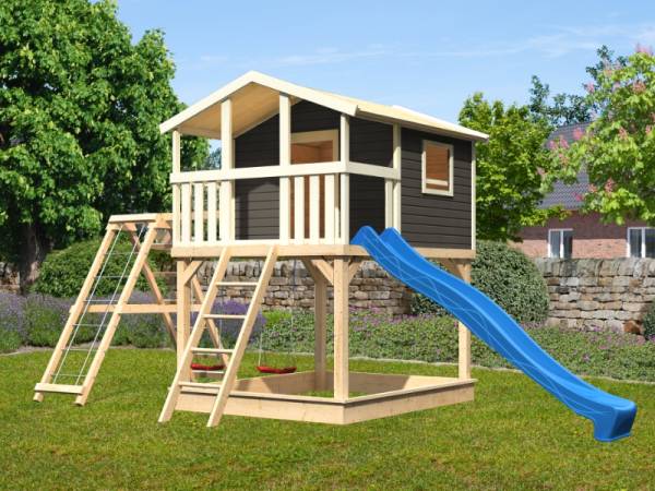 Karibu Stelzenhaus Benjamin grau mit Rutsche in blau und Doppelschaukelanbau mit Klettergerüst und Netzrampe