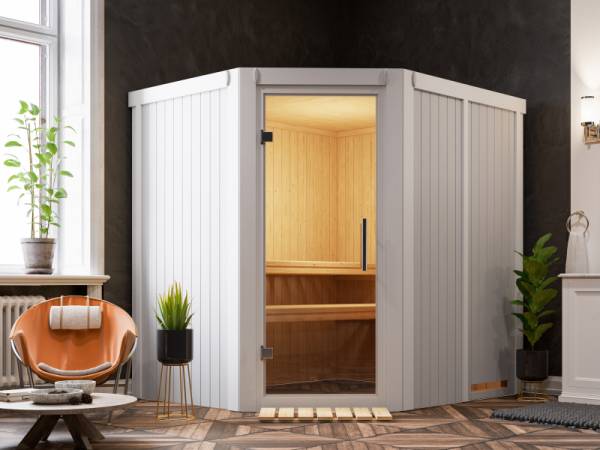 Karibu Sauna Siirin lichtgrau ohne Ofen, ohne Dachkranz, mit Klarglas Ganzglastür