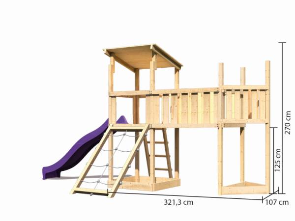 Akubi Spielturm Anna + Rutsche violett + Anbauplattform XL + Netzrampe + Schiffsanbau oben