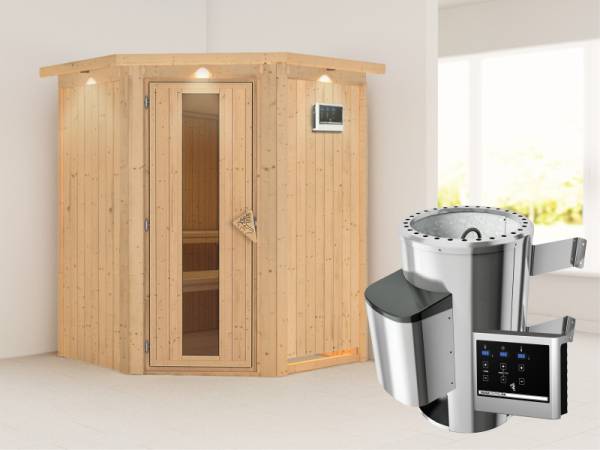 Nanja - Karibu Sauna Plug & Play 3,6 kW Ofen, ext. Steuerung - mit Dachkranz - Energiespartür