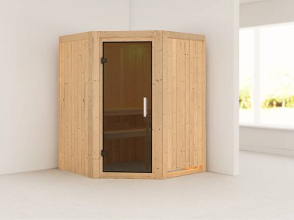 Karibu Sauna Larin ohne Ofen, ohne Dachkranz, mit moderner Saunatür