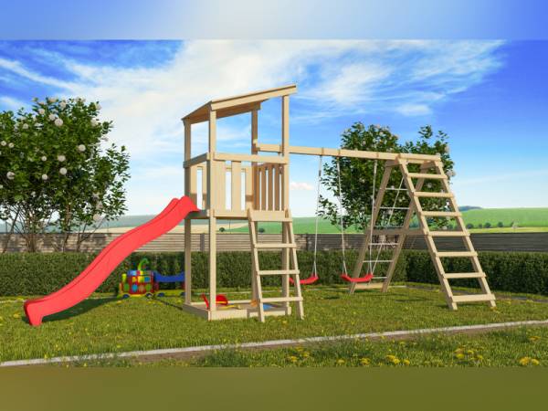 Karibu Spielturm Anna + Rutsche rot + Doppelschaukelanbau Klettergerüst Karibu Spielturm Anna + Rutsche rot + Doppelschaukelanbau Klettergerüst