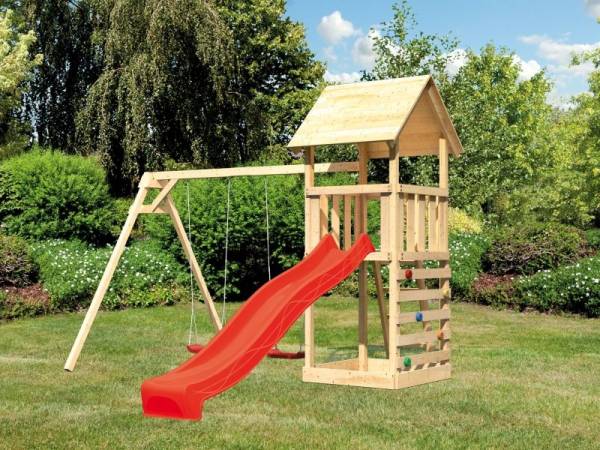 Karibu Spielturm Lotti mit Doppelschaukel, Kletterwand und Rutsche rot Karibu Spielturm Lotti mit Doppelschaukel, Kletterwand und Rutsche rot
