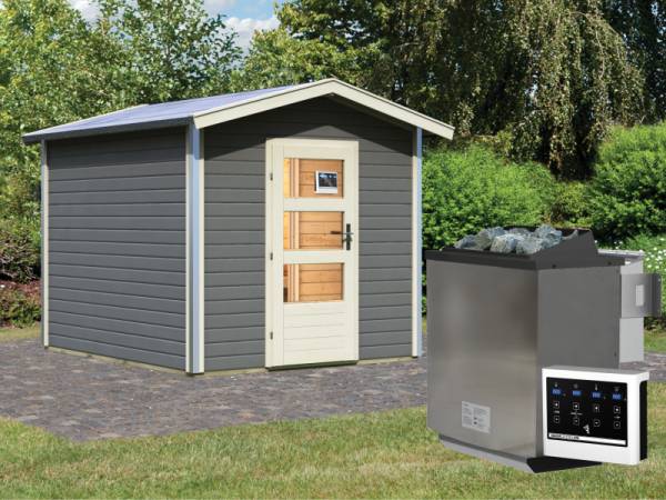 Karibu 38 mm Saunahaus Bosse 1 terragrau mit Vorraum - 9 kW Bio Ofen, ext. Steuerung - Moderne Saunatür