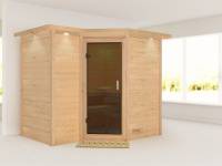 Karibu Sauna Sahib 2 ohne Ofen, mit Dachkranz, mit moderner Saunatür