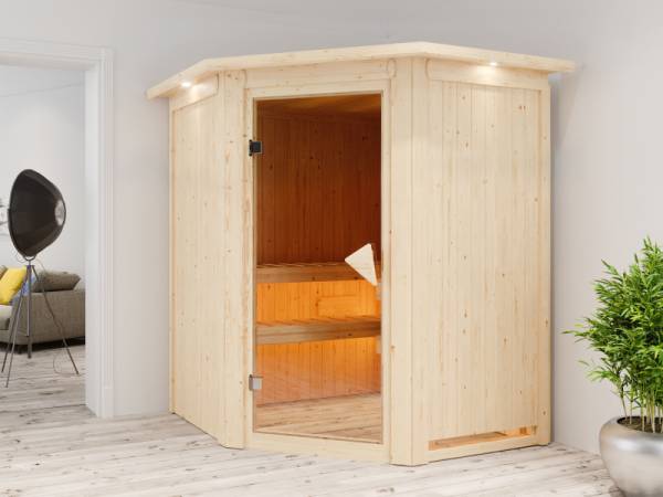 Karibu Sauna Larin inkl. 9 kW Ofen integrierte Steuerung, mit bronzerter Ganzglastür - mit Dachkranz -