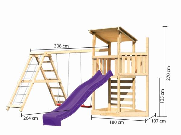 Akubi Spielturm Anna + Rutsche violett + Doppelschaukelanbau Klettergerüst + Kletterwand + Schiffsan