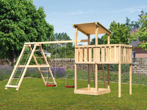 Karibu Spielturm Anna + Doppelschaukelanbau Klettergerüst + Anbauplattform Karibu Spielturm Anna + Doppelschaukelanbau Klettergerüst + Anbauplattform