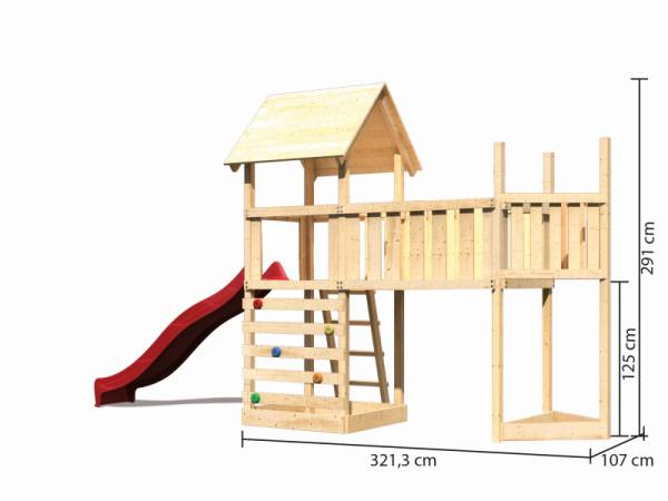 Akubi Spielturm Lotti Satteldach + Schiffsanbau oben + Anbauplattform XL + Kletterwand + Rutsche in