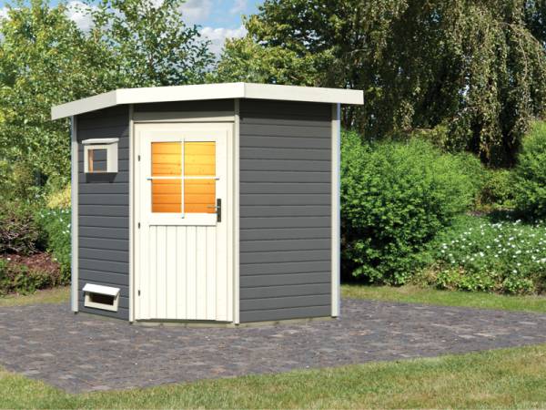 Karibu Saunahaus Pekka, terragrau -ohne Ofen- klassische Tür
