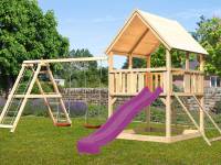 Akubi Spielturm Luis Satteldach + Rutsche violett + Doppelschaukelanbau Klettergerüst + Netzrampe
