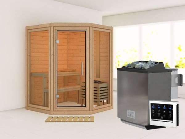 Karibu Sauna Yuma, inkl. 9 kW Bioofen ext. Steuerung, mit Klarglas Ganzglastür Karibu Sauna Yuma, inkl. 9 kW Bioofen ext. Steuerung, mit Klarglas Ganzglastür