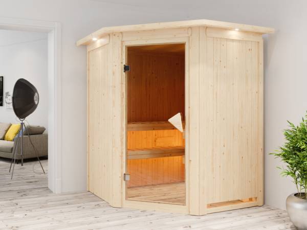 Karibu Sauna Larin inkl. 9 kW Bioofen externe Steuerung mit bronzierter Ganzglastür - mit Dachkranz -