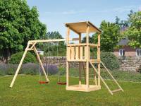 Karibu Spielturm Anna + Doppelschaukel + Netzrampe