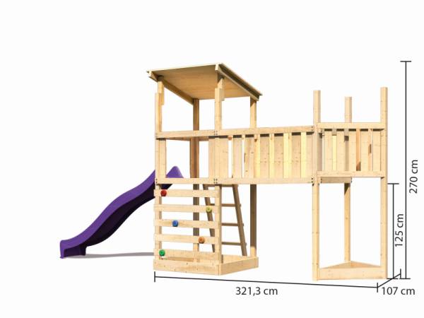 Akubi Spielturm Anna + Rutsche violett + Anbauplattform XL + Kletterwand + Schiffsanbau oben