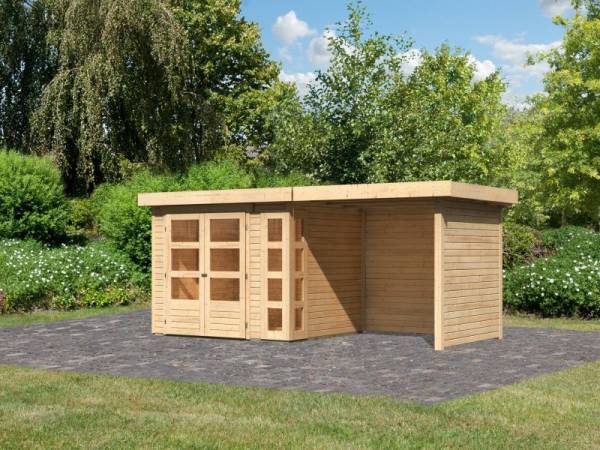 Karibu Gartenhaus Kerko 3 natur mit 2,40 m Anbaudach und Rück-und Seitenwänden