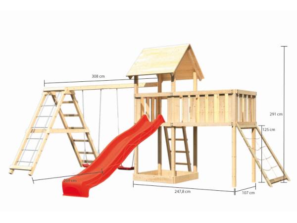 Akubi Spielturm Lotti Satteldach + Rutsche rot + Doppelschaukel Klettergerüst + Anbauplattform XL +