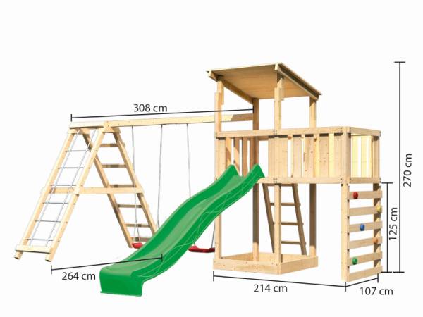 Akubi Spielturm Anna + Rutsche grün + Doppelschaukelanbau Klettergerüst + Anbauplattform + Kletterwa